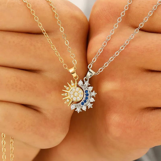 Gold & Silver Sun Moon Necklace Set