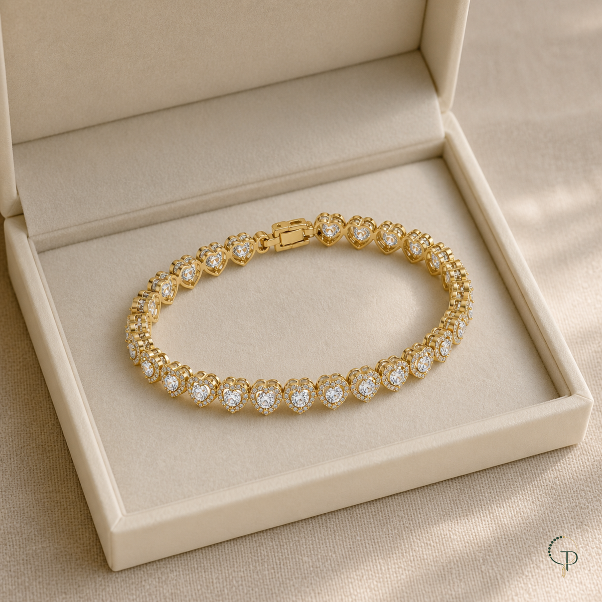 Gold-color heart-link bracelet displayed in an unbranded ivory box
