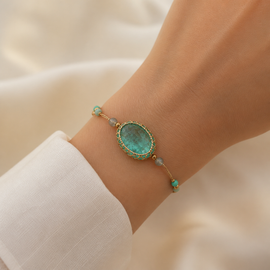 Aqua oval stone cord bracelet worn alone on the wrist