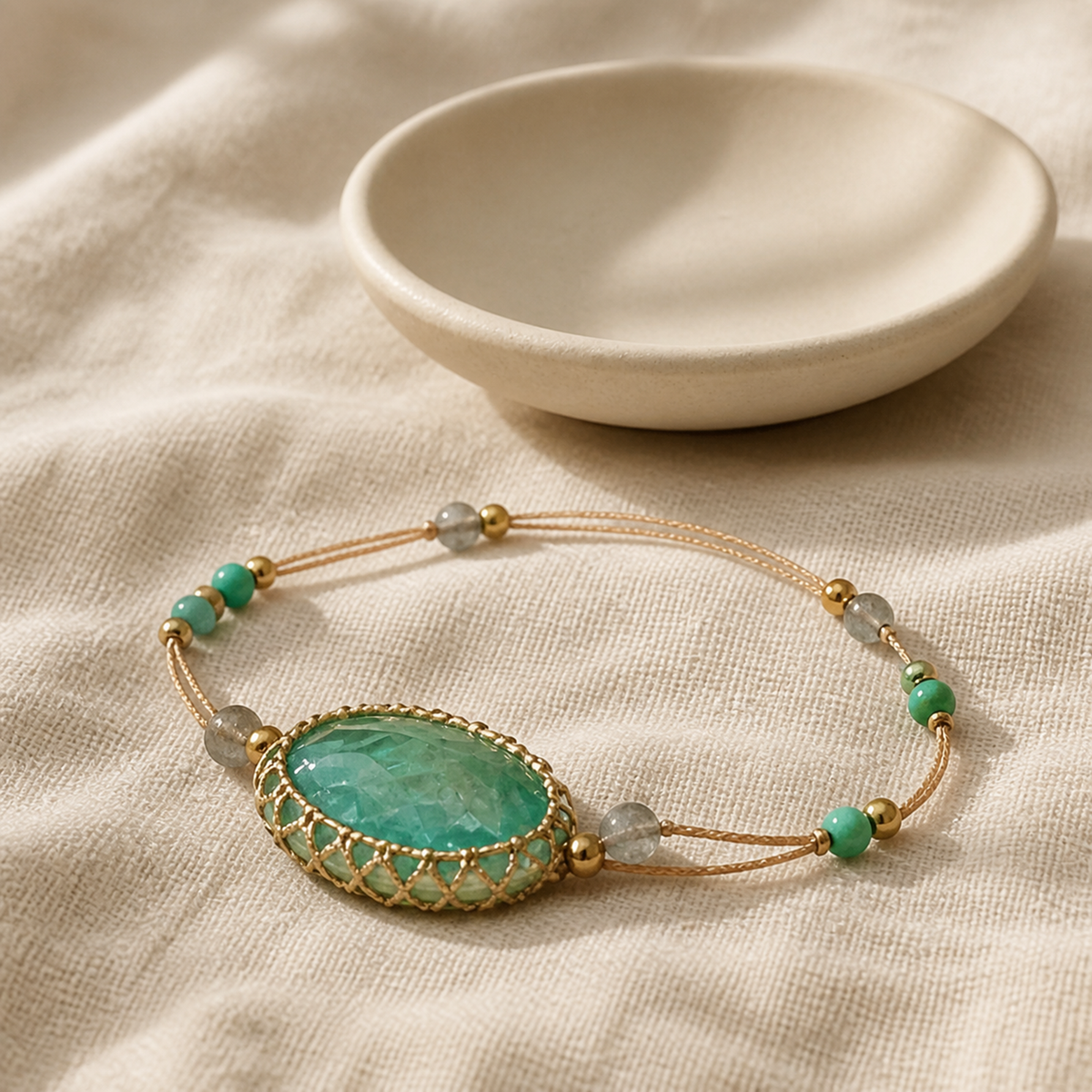 Aqua stone braided bracelet beside an ivory ceramic dish