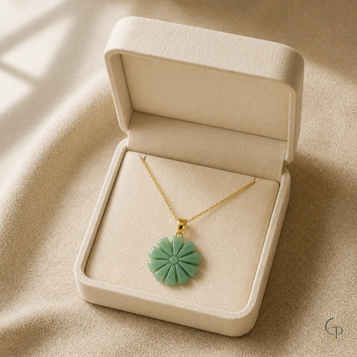 Seafoam sunburst pendant necklace displayed in an open ivory jewelry box