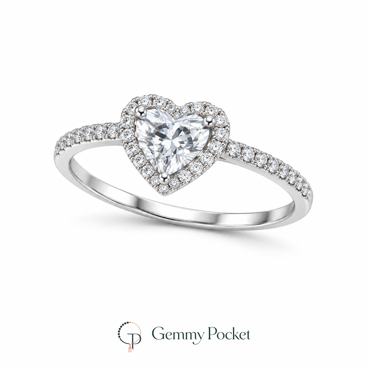 Silver-color heart halo ring with a clear centerpiece and stone-accented band on a white background.