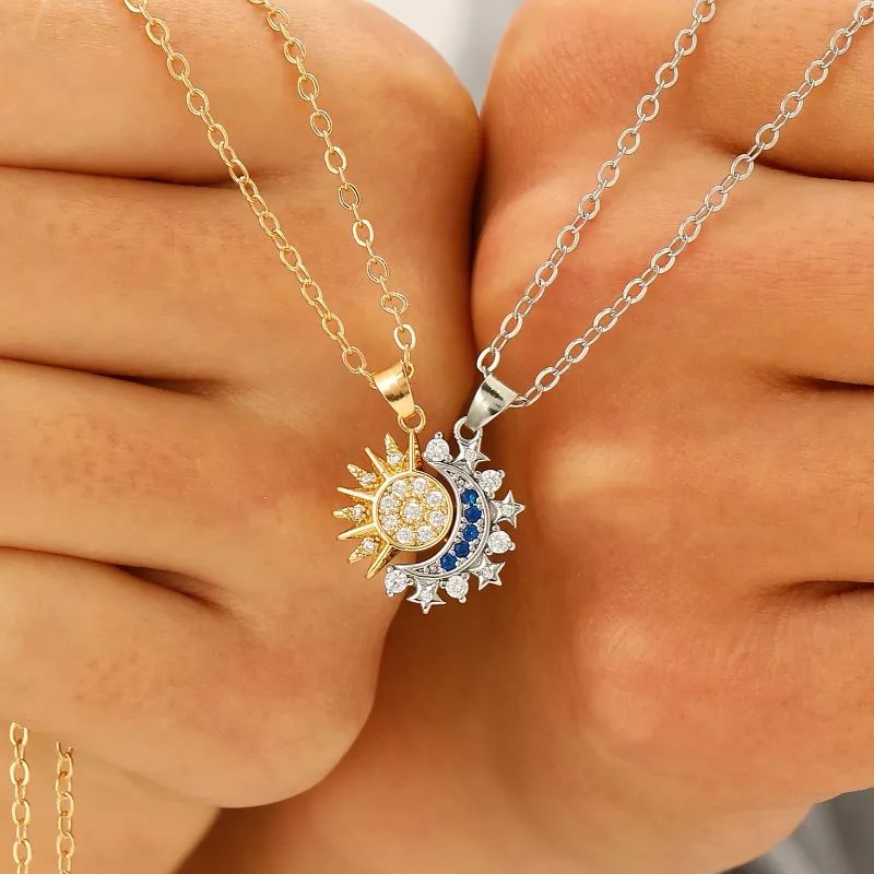 Gold & Silver Sun Moon Necklace Set