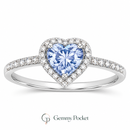 Silver-color blue heart halo ring on a seamless white studio background