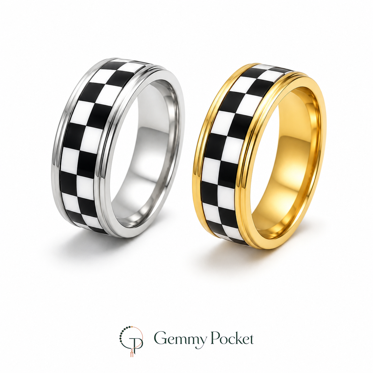 Silver-color and gold-color checkerboard spinner rings on a seamless white studio background