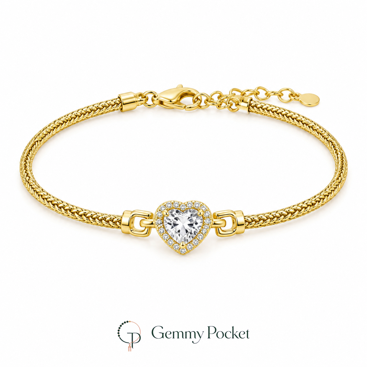 Gold-color clear-stone heart halo bracelet on a seamless white studio background