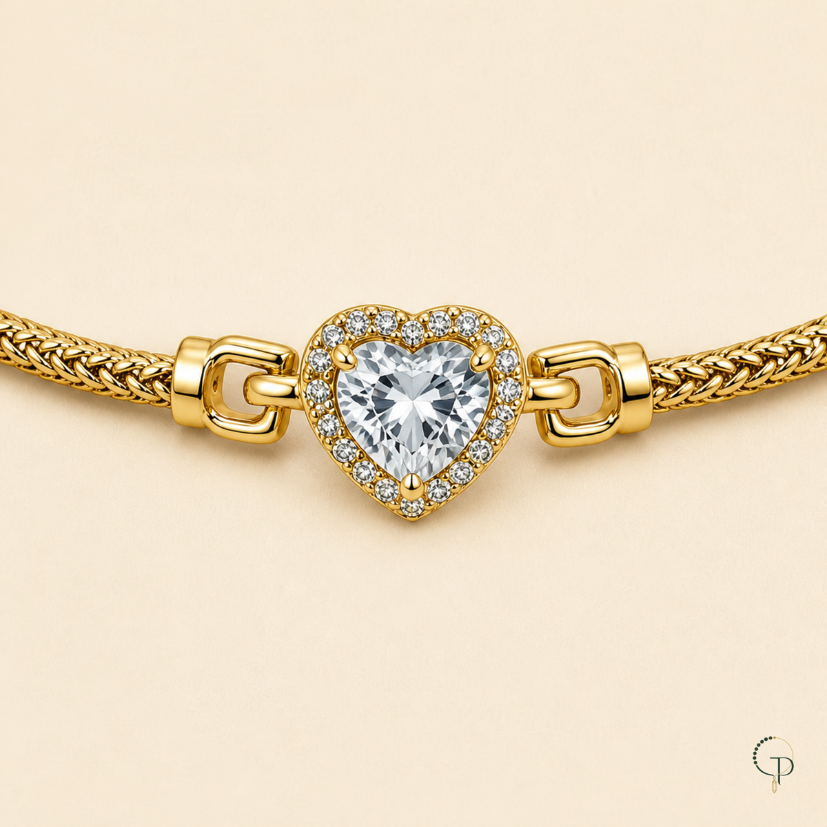 Close view of the clear heart-shaped center and halo setting