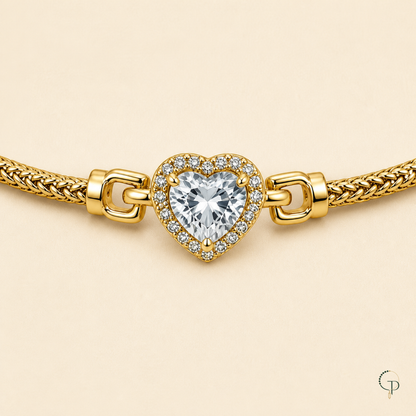 Close view of the clear heart-shaped center and halo setting