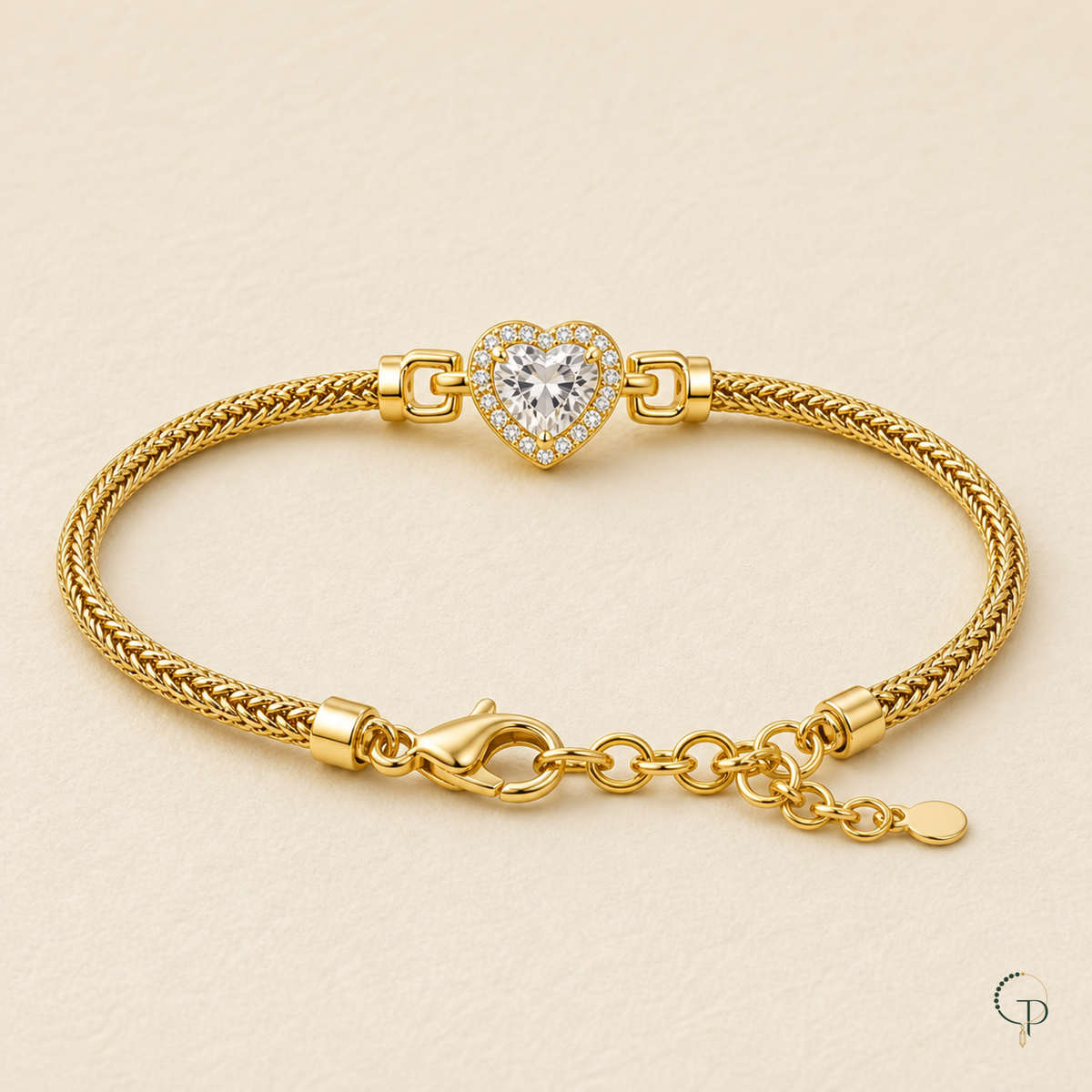 Complete gold-color heart bracelet with clasp and short extension chain
