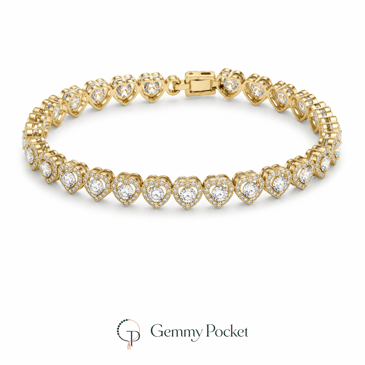 Gold-color repeating heart-link bracelet on a seamless white studio background