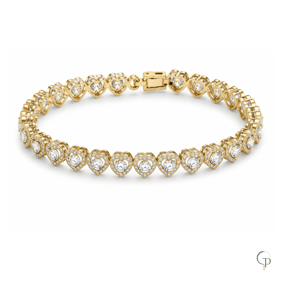 Complete studio view of the repeating clear-stone heart links