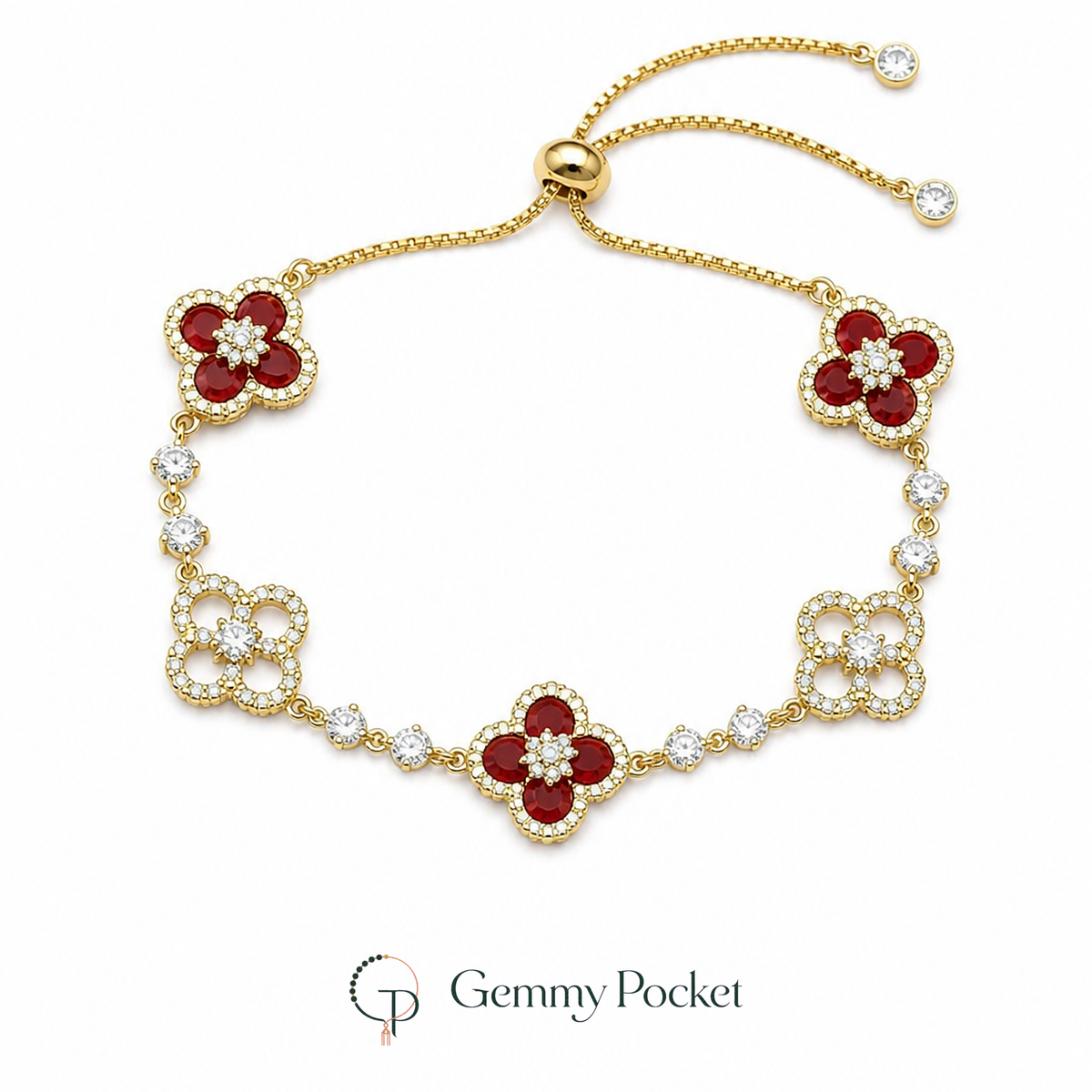 Red five-motif clover slider bracelet on a pure white studio background