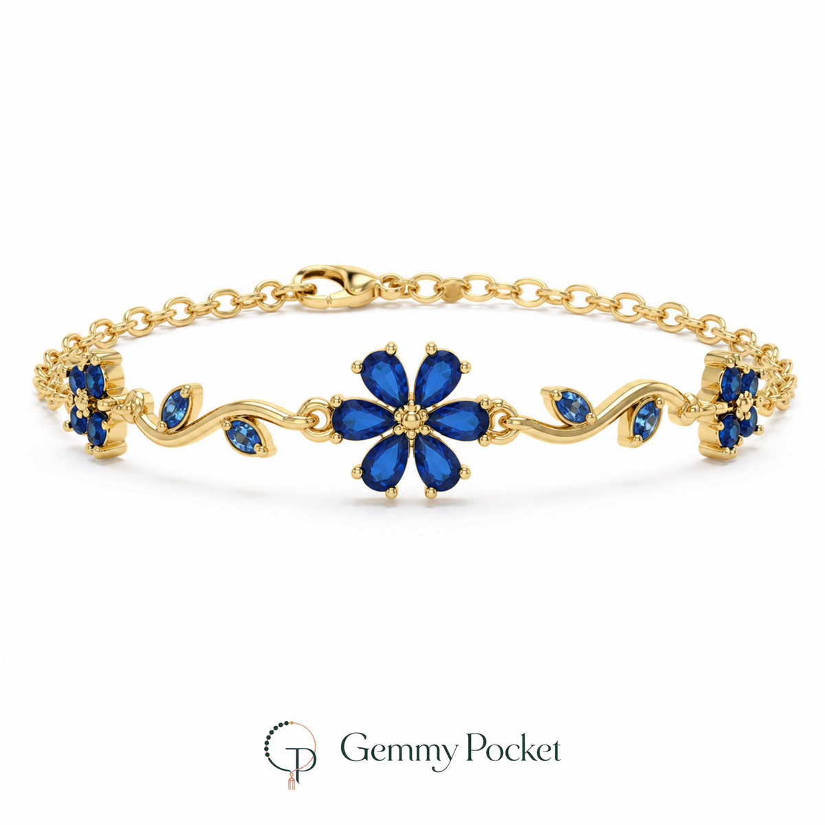 Cobalt blue six-petal flower vine bracelet on a seamless white studio background