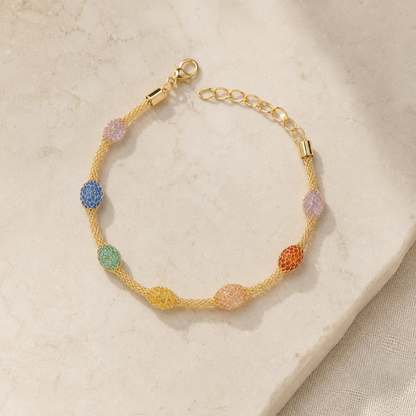 Full rainbow mesh bead bracelet with lobster clasp and extension chain