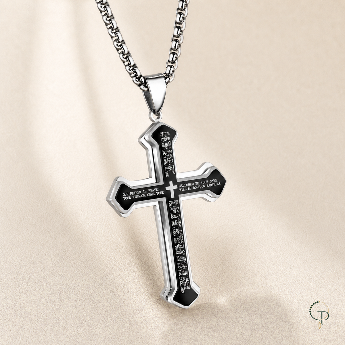 Our Father prayer cross pendant necklace in W&B finish on ivory linen | PureNoi