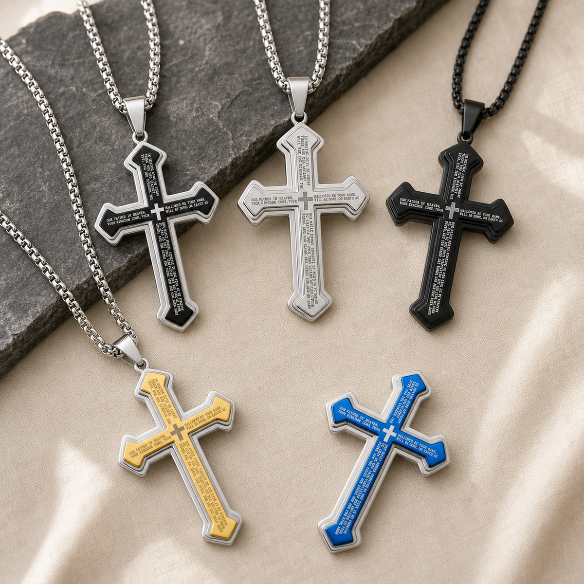 Our Father cross pendant necklace in five colors: W&B, Iron, Black, Yellow and Blue