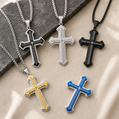 Our Father cross pendant necklace in five colors: W&B, Iron, Black, Yellow and Blue