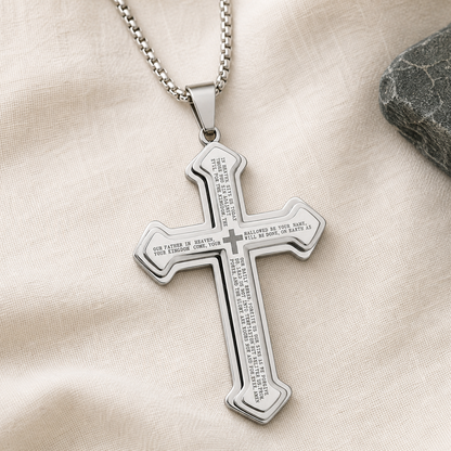 Iron finish Our Father cross pendant necklace on ivory linen