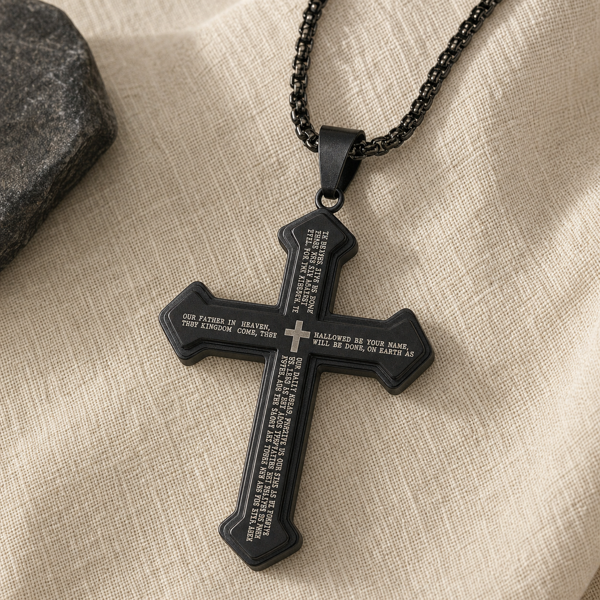 Black Our Father cross pendant necklace with black chain