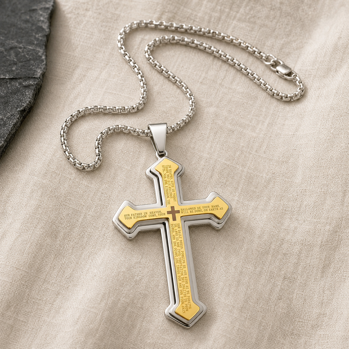 Yellow Our Father cross pendant necklace with silver-color chain