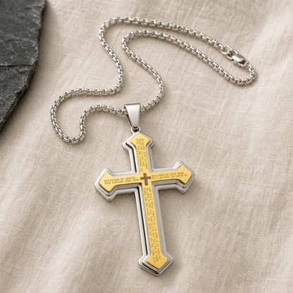 Yellow Our Father cross pendant necklace with silver-color chain