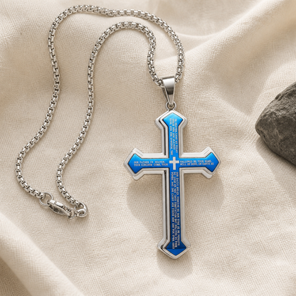 Blue Our Father cross pendant necklace with silver-color chain
