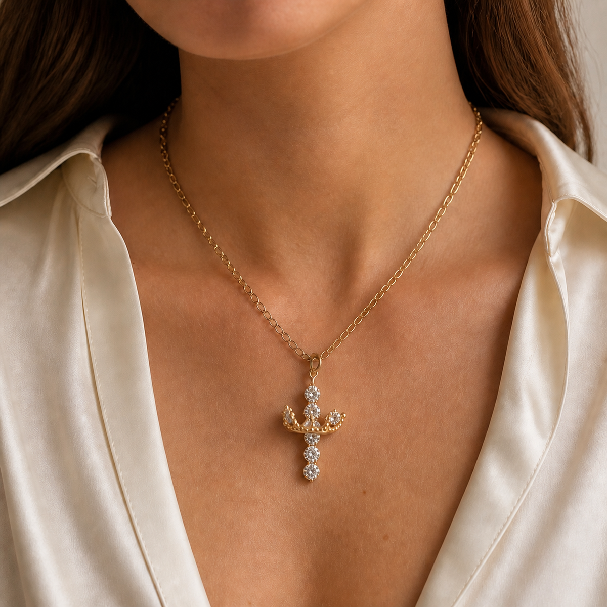 Crown cross pendant necklace worn with an ivory blouse
