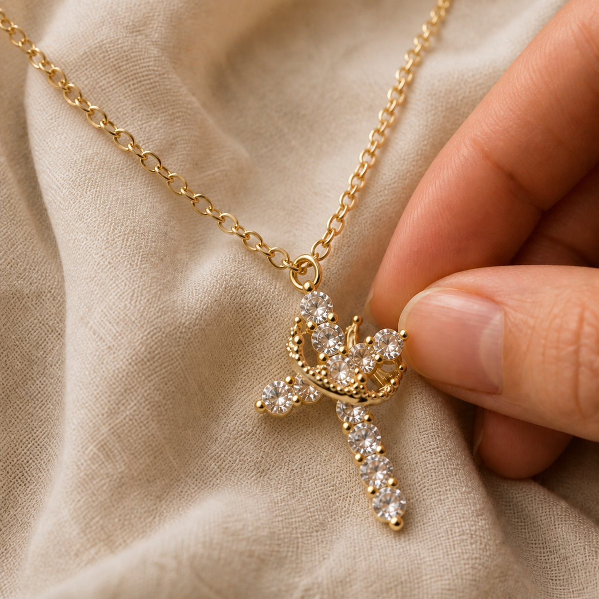 Hand holding the crown cross pendant for visual scale