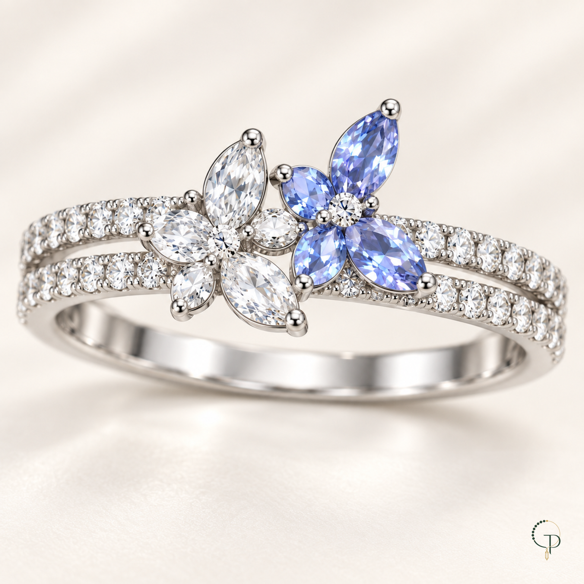 Macro view of the two four-wing butterfly motifs and pavé-style rows