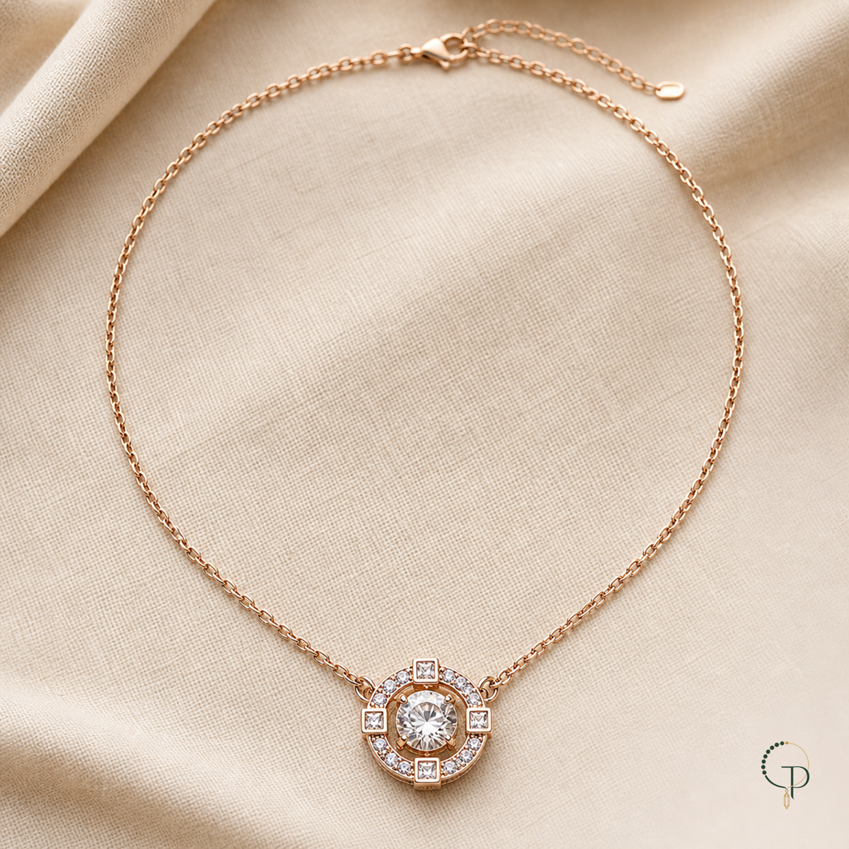 Gold-color round halo crystal pendant necklace on ivory linen | PureNoi