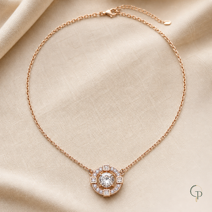 Gold-color round halo crystal pendant necklace on ivory linen | PureNoi