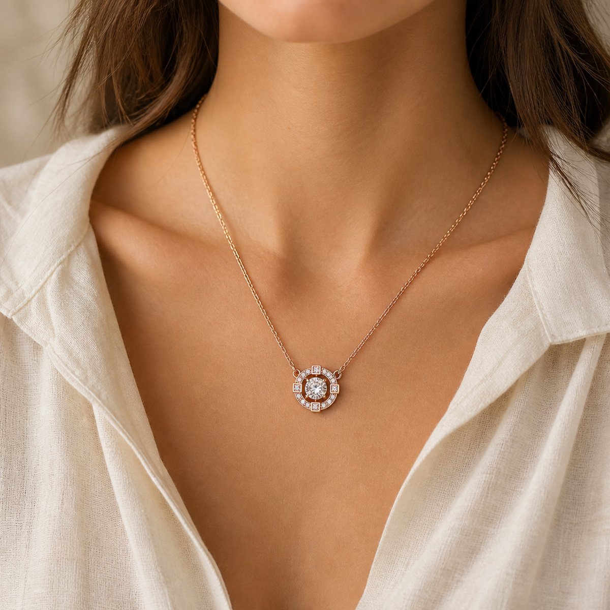 Round halo crystal pendant necklace worn with an ivory blouse