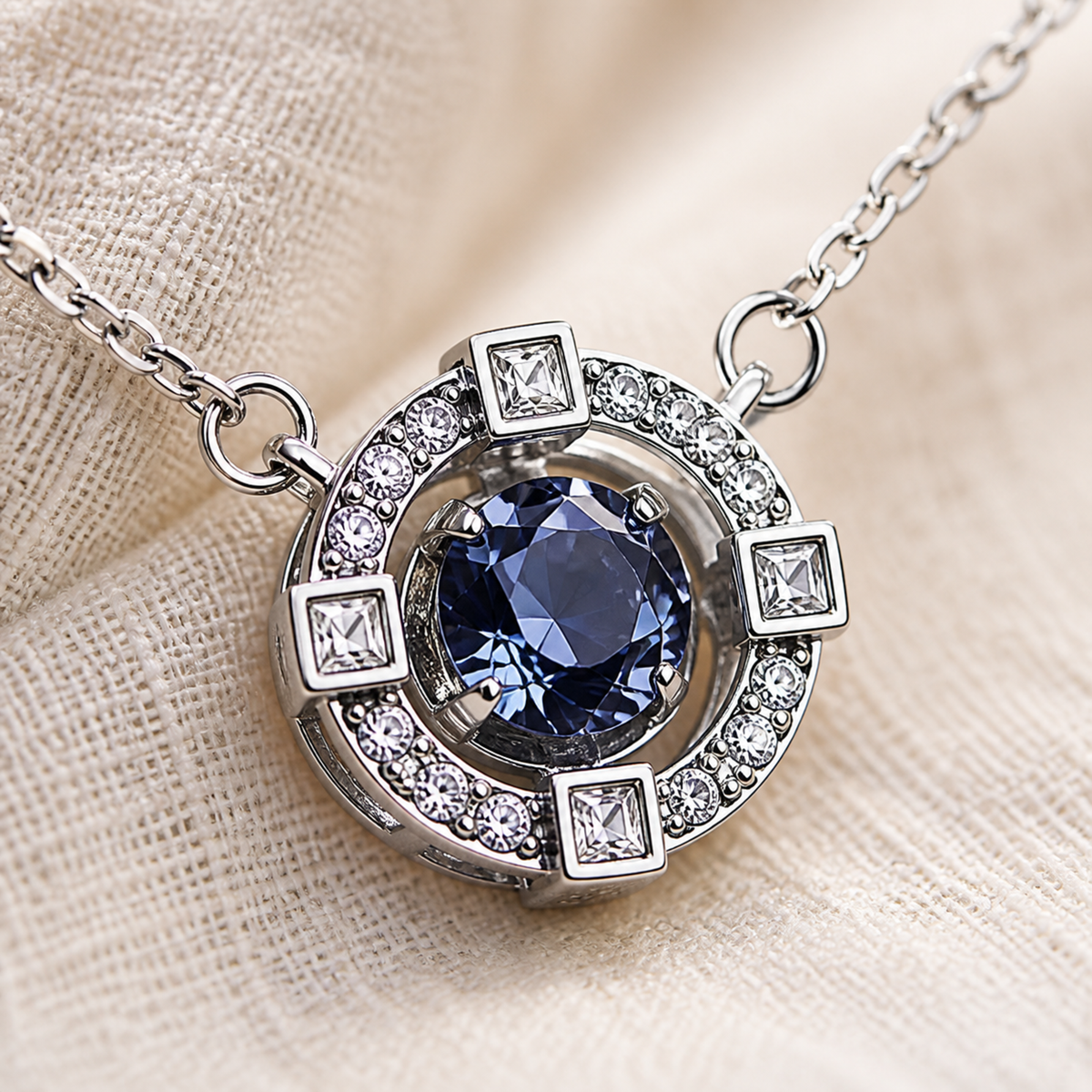 Close-up of silver-color halo pendant with blue center crystal and square accents