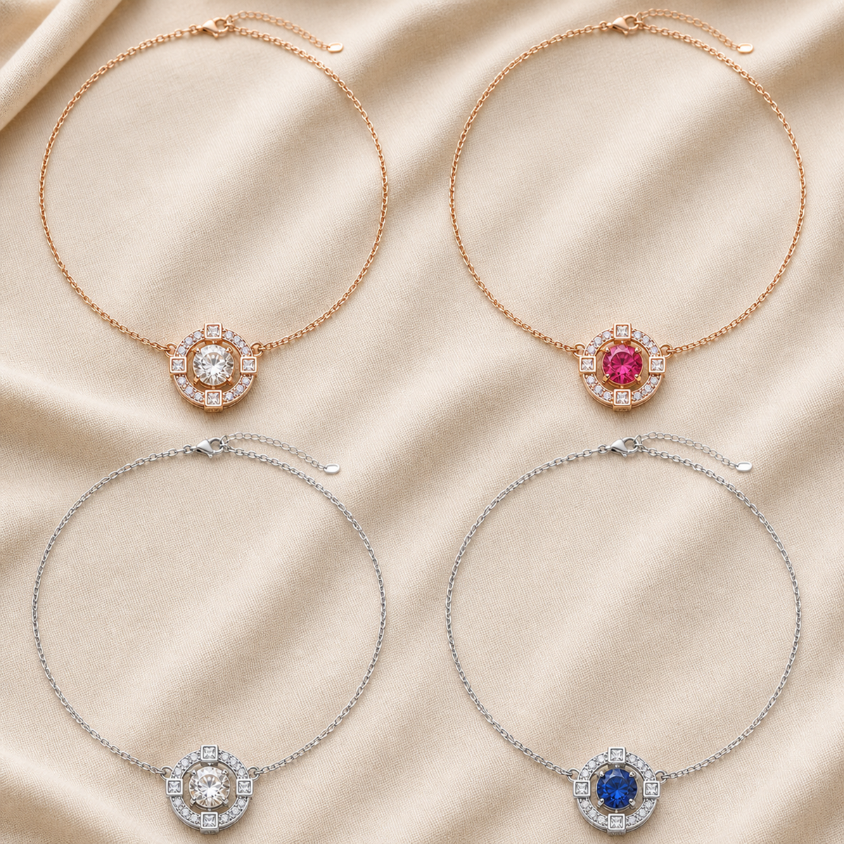 Round halo crystal necklaces in gold clear, gold red, silver clear and silver blue