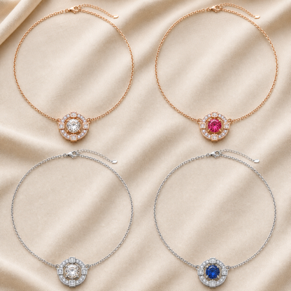 Round halo crystal necklaces in gold clear, gold red, silver clear and silver blue