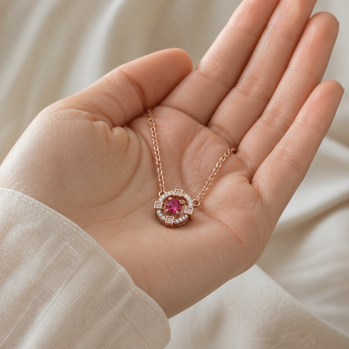 Gold-color halo pendant with red center crystal displayed in one hand