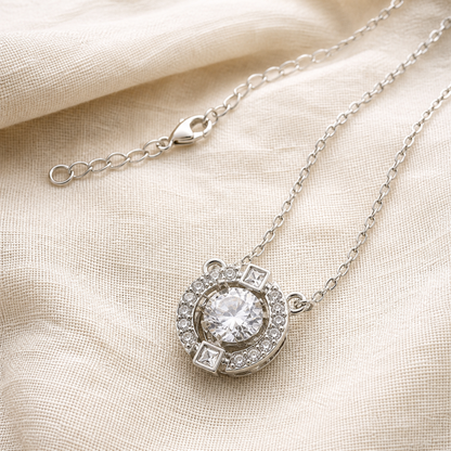 Silver-color halo crystal necklace with lobster clasp and extension chain
