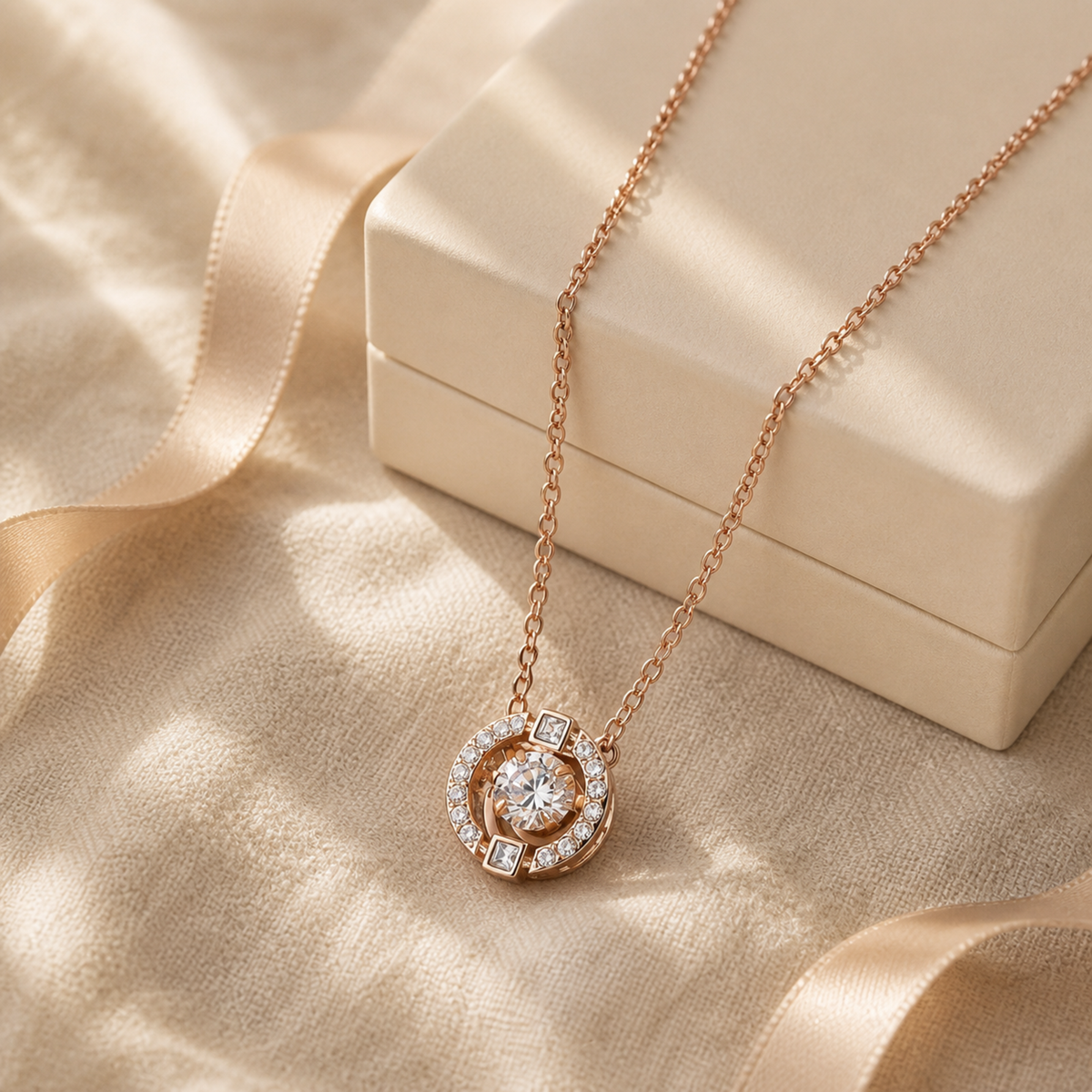 Gold-color round halo crystal necklace beside an ivory jewelry box