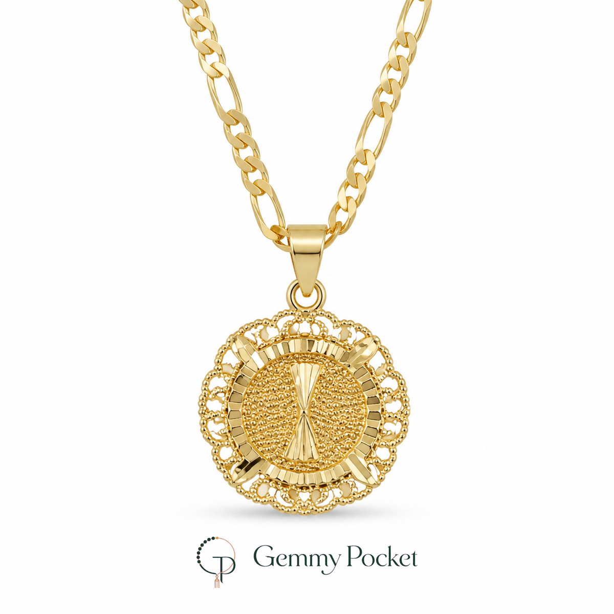 Gold-color round filigree medallion necklace on a pure-white studio background