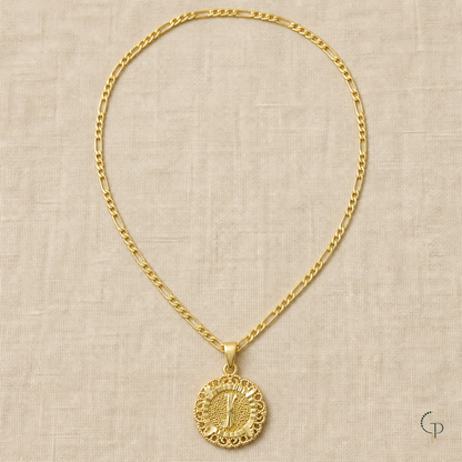 Full gold-color long-short link necklace arranged on oatmeal linen