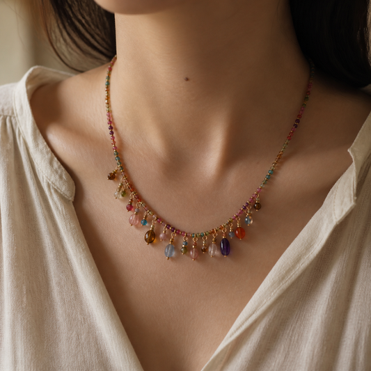 Multicolor beaded charm necklace worn with an ivory blouse