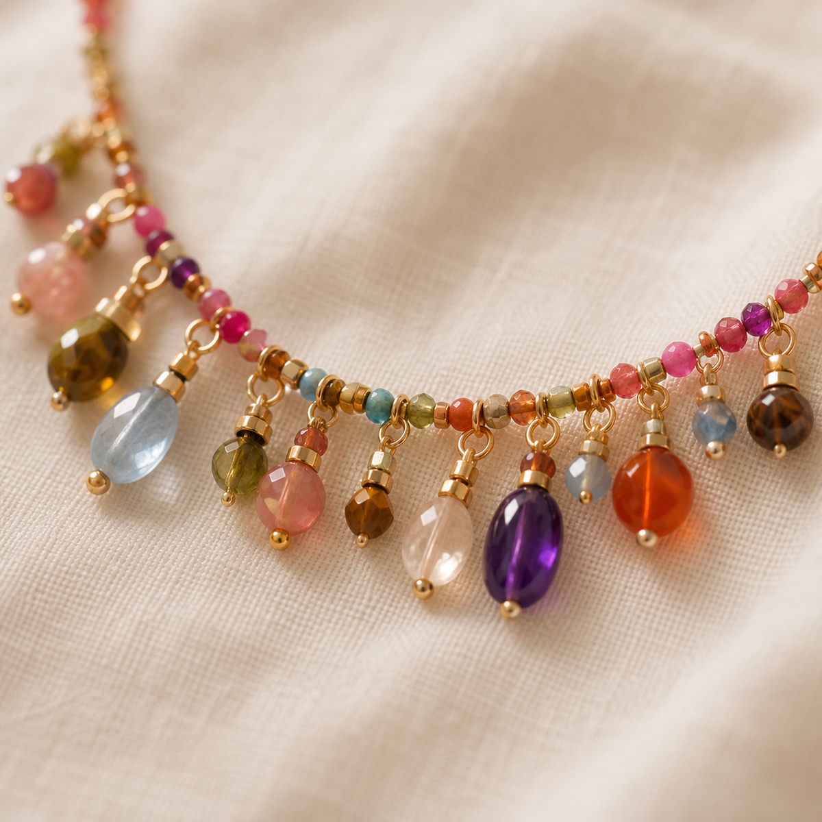 Close-up of colorful dangling beads and gold-color links on charm necklace