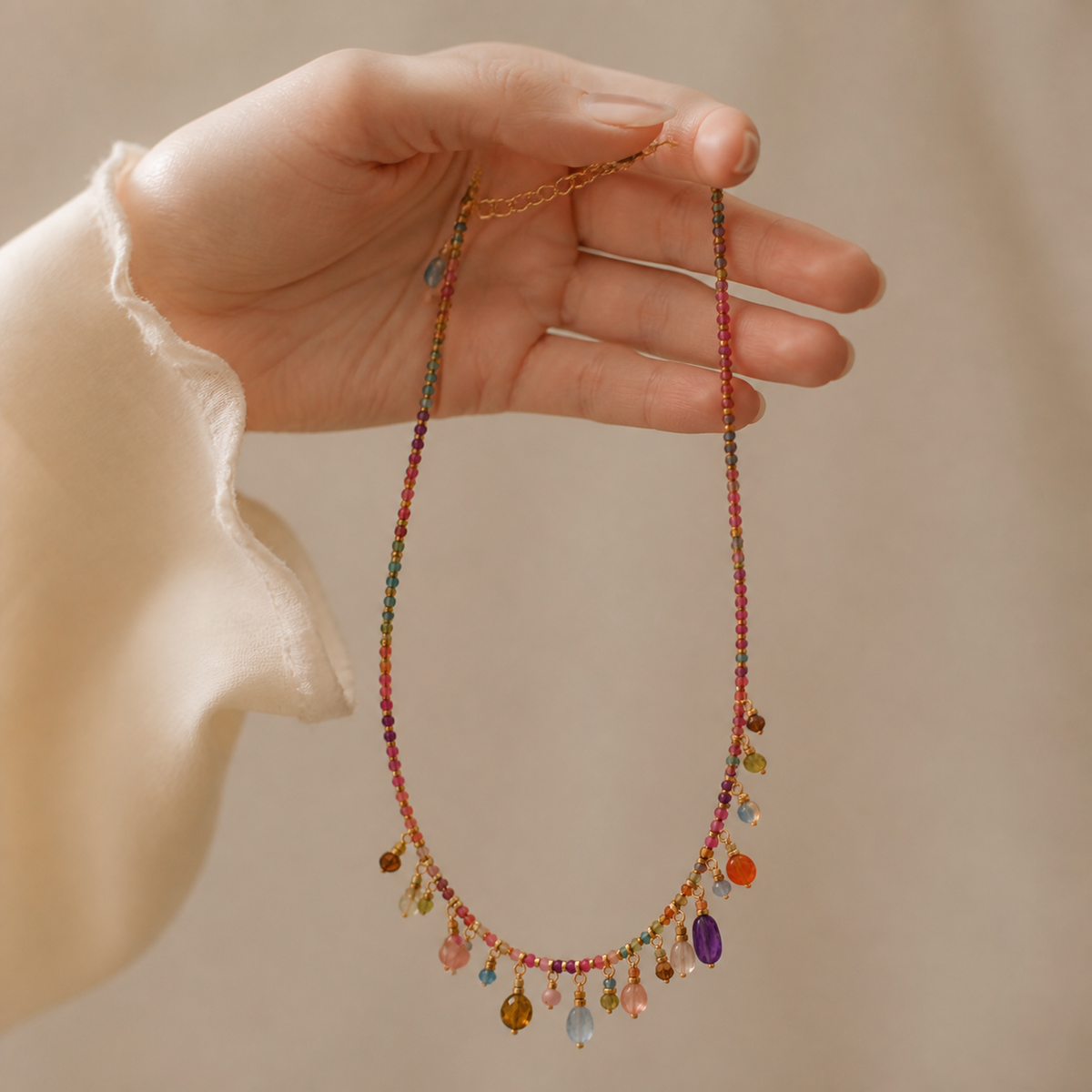 Multicolor beaded charm necklace held in one hand to show scale