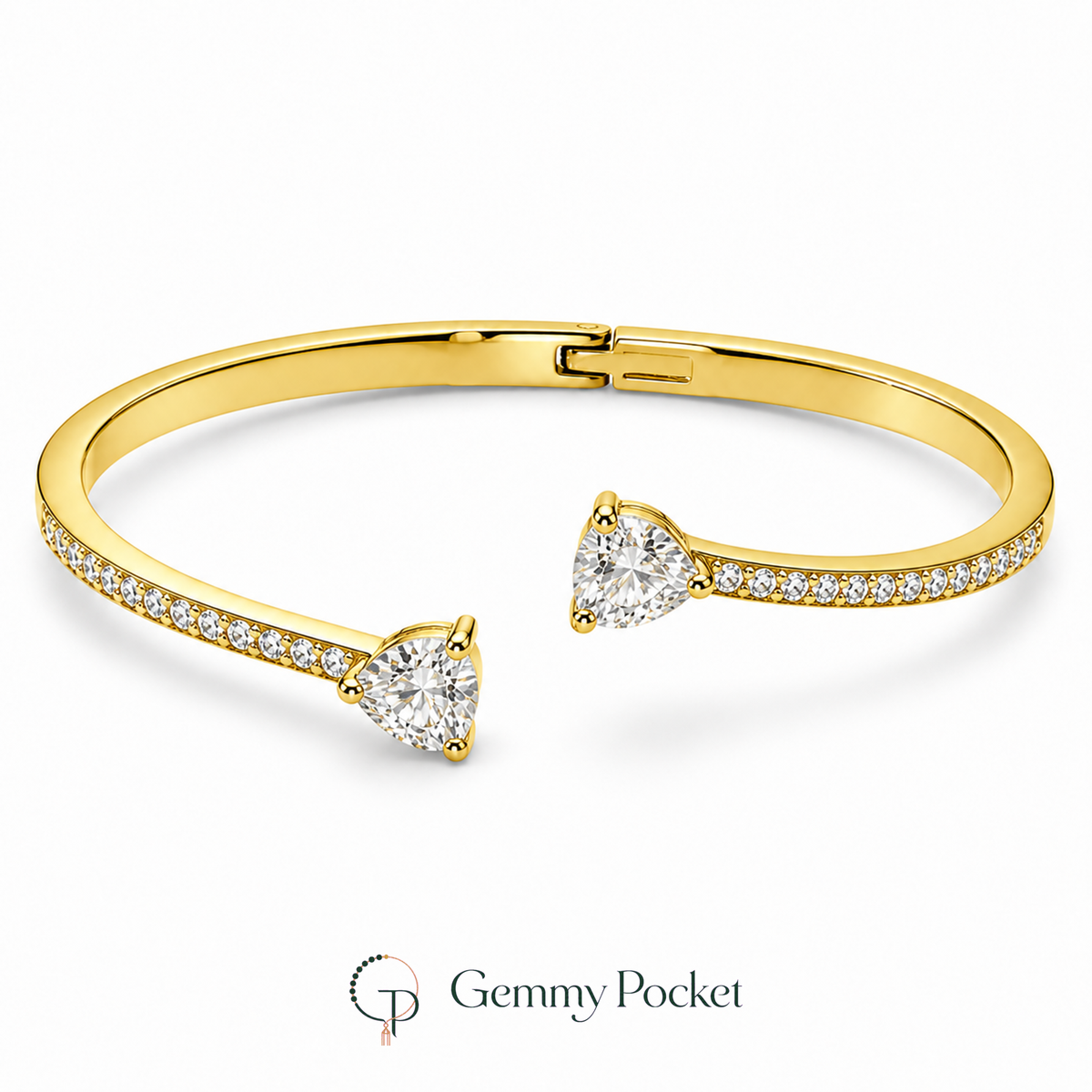 Asymmetric gold-color double-heart open bangle on a white studio background