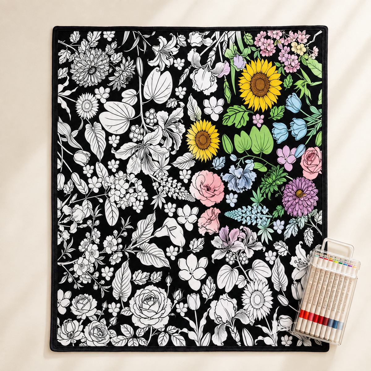 Botanical coloring blanket and marker case on ivory studio background