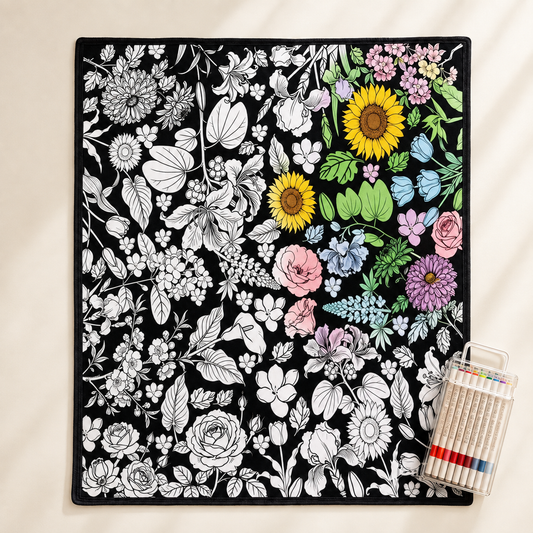Botanical coloring blanket and marker case on ivory studio background