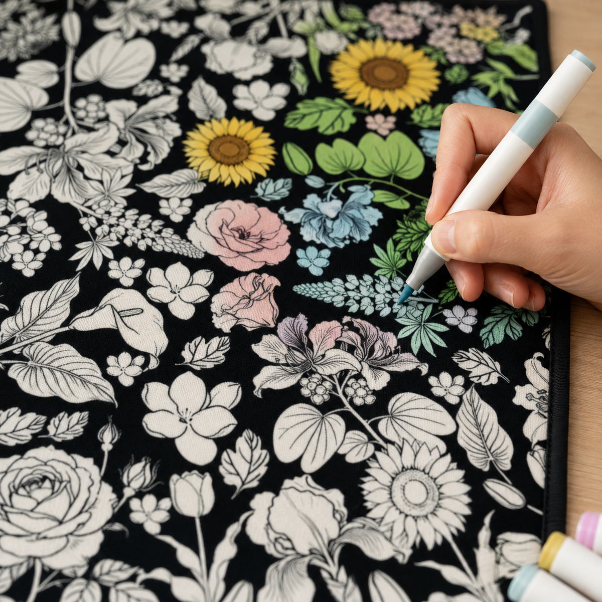 Hand coloring a floral detail on the botanical blanket