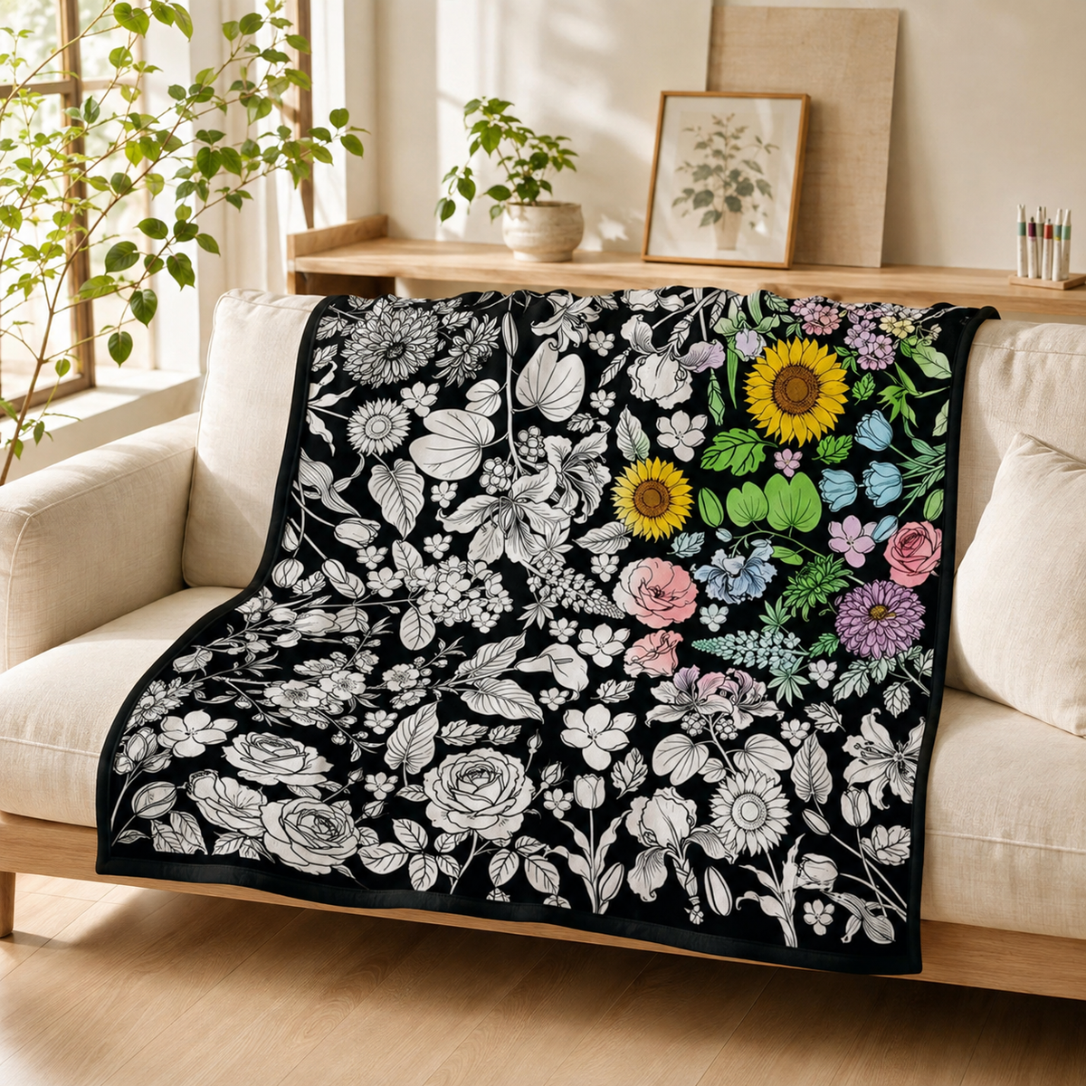 Botanical coloring blanket draped over an ivory sofa