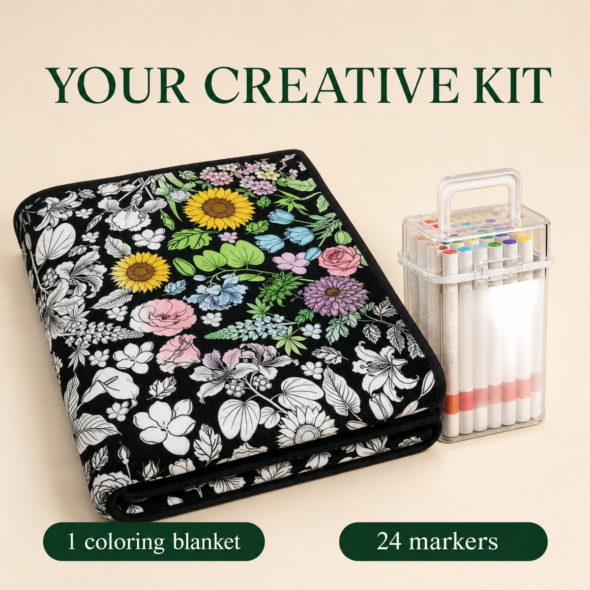 Kit contents: one botanical coloring blanket and 24 markers