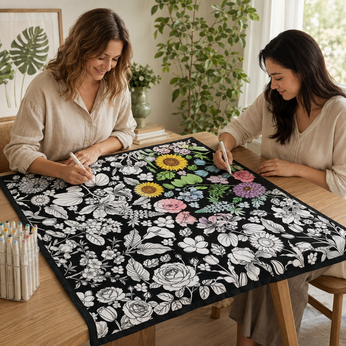 Two adults coloring flowers together at a table